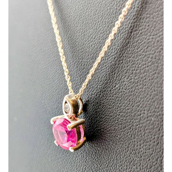 Pink Sapphire Solitaire & CZ Pendant 925 Sterling Silver 18.5" Necklace - Picture 4 of 10